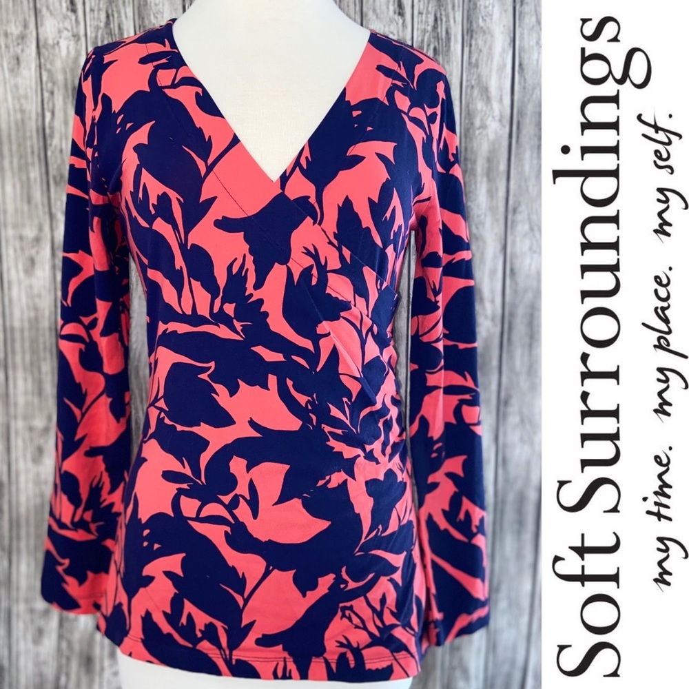 SOFT SURROUNDINGS Women's Navy Coral Printed Faux Wrap Blouse Long Sleeve Size S